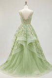 Green A-Line Corset V-Neck Appliqued Long Prom Dress with Ruffles