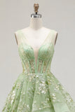 Green A-Line Corset V-Neck Appliqued Long Prom Dress with Ruffles