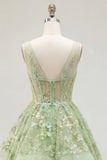 Green A-Line Corset V-Neck Appliqued Long Prom Dress with Ruffles
