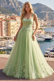 Green A-Line Spaghetti Straps Floral Long Prom Dress with Appliques