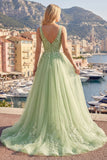 Green A-Line Spaghetti Straps Floral Long Prom Dress with Appliques