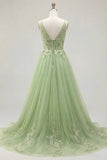 Green A-Line Spaghetti Straps Floral Long Prom Dress with Appliques