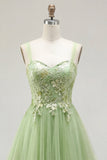 Green A-Line Spaghetti Straps Floral Long Prom Dress with Appliques
