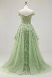 Off the Shoulder Green A-Line Appliqued Corset Floral Long Prom Dress with Ruffles