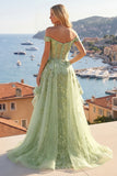 Off the Shoulder Green A-Line Appliqued Corset Floral Long Prom Dress with Ruffles