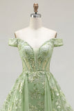 Off the Shoulder Green A-Line Appliqued Corset Floral Long Prom Dress with Ruffles