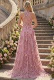 Taro A-Line Halter Neck Corset Long Prom Dress with Appliqued 3D Flowers