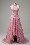 Taro A-Line Halter Neck Corset Long Prom Dress with Appliqued 3D Flowers