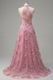 Taro A-Line Halter Neck Corset Long Prom Dress with Appliqued 3D Flowers