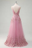 Taro A-Line Spaghetti Straps Long Prom Dress with Appliqued 3D Flowers