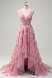 Pearl Embellished A-Line V-Neck Taro Long Prom Dress with Appliqued 3D Flowers