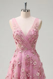 Pearl Embellished A-Line V-Neck Taro Long Prom Dress with Appliqued 3D Flowers