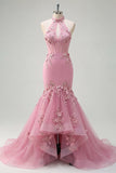 Mermaid Taro Halter Neck Corset Pearl Embellished Long Prom Dress with 3D Flowers