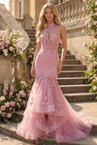 Mermaid Taro Halter Neck Corset Pearl Embellished Long Prom Dress with 3D Flowers