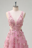 Pearl Embellished A-Line Taro V-Neck Appliqued Long Prom Dress with 3D Flowers