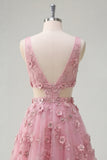 Pearl Embellished A-Line Taro V-Neck Appliqued Long Prom Dress with 3D Flowers