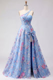 Blue One Shoulder A Line Appliqued Formal Dress with Slit