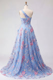 Blue One Shoulder A Line Appliqued Formal Dress with Slit