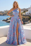 Blue One Shoulder A Line Appliqued Formal Dress with Slit