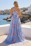 Blue One Shoulder A Line Appliqued Formal Dress with Slit