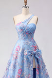 Blue One Shoulder A Line Appliqued Formal Dress with Slit