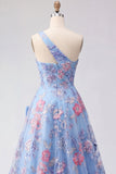 Blue One Shoulder A Line Appliqued Formal Dress with Slit