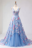 Blue Floral A Line V Neck Long Formal Dress