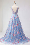 Blue Floral A Line V Neck Long Formal Dress