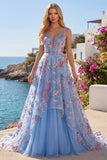 Blue Floral A Line V Neck Long Formal Dress