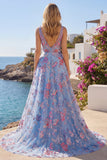 Blue Floral A Line V Neck Long Formal Dress