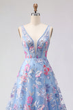 Blue Floral A Line V Neck Long Formal Dress