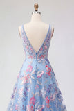 Blue Floral A Line V Neck Long Formal Dress
