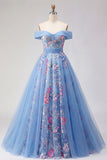 Off the Shoulder Blue A Line Appliqued Corset Long Formal Dress