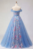 Off the Shoulder Blue A Line Appliqued Corset Long Formal Dress