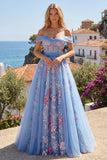 Off the Shoulder Blue A Line Appliqued Corset Long Formal Dress