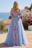 Off the Shoulder Blue A Line Appliqued Corset Long Formal Dress