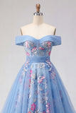 Off the Shoulder Blue A Line Appliqued Corset Long Formal Dress
