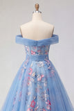 Off the Shoulder Blue A Line Appliqued Corset Long Formal Dress