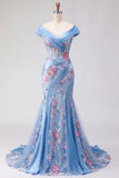 Blue V Neck Mermaid Appliqued Corset Long Formal Dress