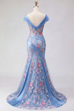 Blue V Neck Mermaid Appliqued Corset Long Formal Dress