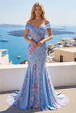 Blue V Neck Mermaid Appliqued Corset Long Formal Dress