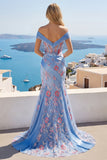 Blue V Neck Mermaid Appliqued Corset Long Formal Dress