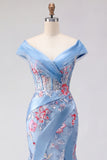 Blue V Neck Mermaid Appliqued Corset Long Formal Dress