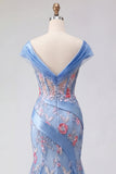 Blue V Neck Mermaid Appliqued Corset Long Formal Dress