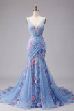 Blue Mermaid Floral Spaghetti Straps V Neck Long Formal Dress