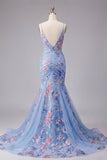 Blue Mermaid Floral Spaghetti Straps V Neck Long Formal Dress