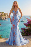 Blue Mermaid Floral Spaghetti Straps V Neck Long Formal Dress