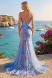 Blue Mermaid Floral Spaghetti Straps V Neck Long Formal Dress
