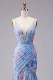 Blue Mermaid Floral Spaghetti Straps V Neck Long Formal Dress