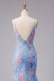 Blue Mermaid Floral Spaghetti Straps V Neck Long Formal Dress